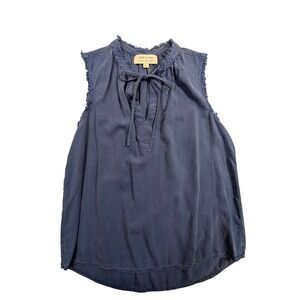 Cloth & Stone Tencel Fringe Top – Women's M Blue Sleeveless Tie Neck